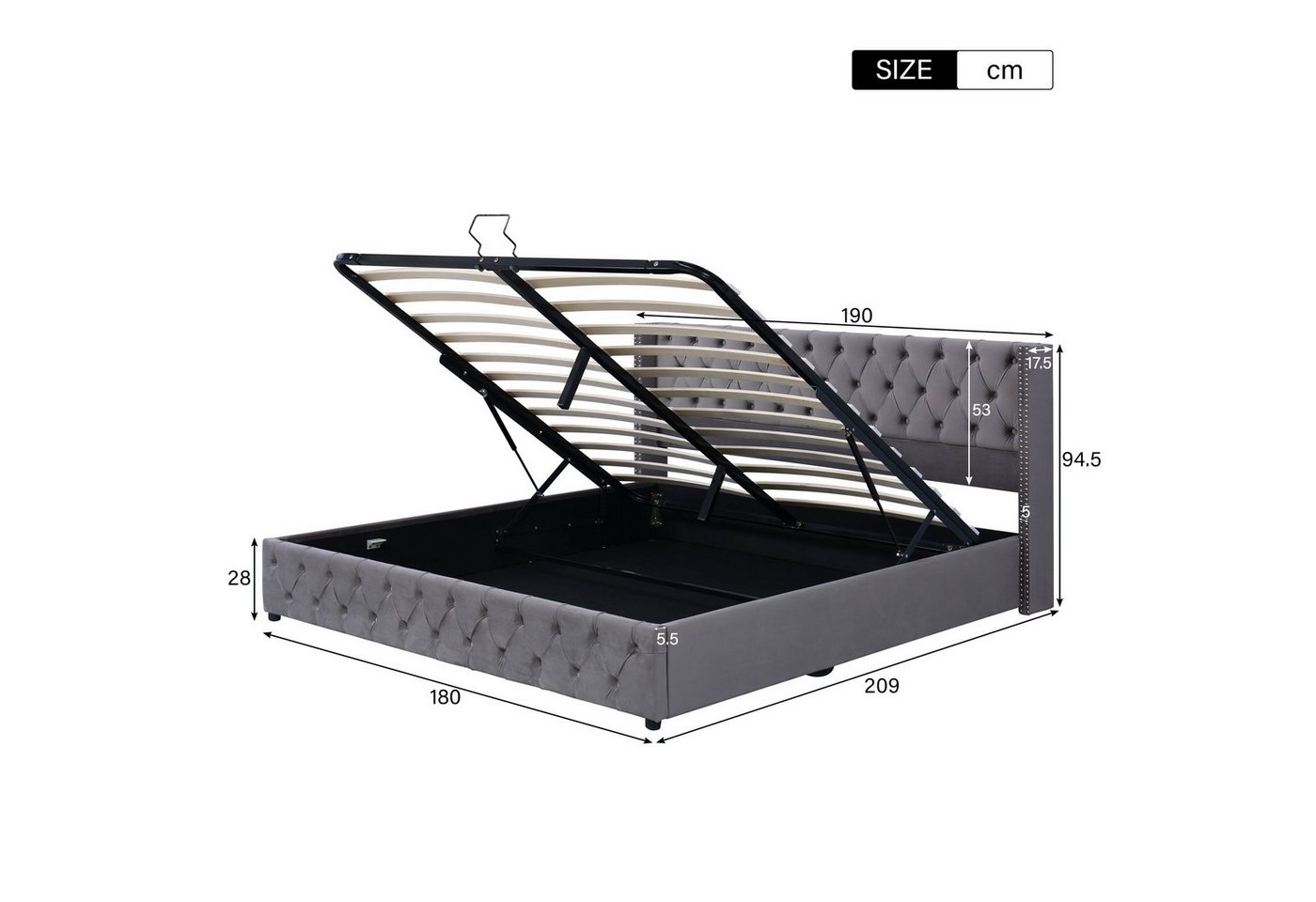 Flieks Polsterbett, Samt Hydraulisches Funktionsbett Doppelbett 180x200cm – Bild 3 von 5