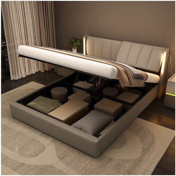 Flieks Polsterbett, LED Stauraumbett Doppelbett mit USB/ Verstellbarem Kopfteil 180x200cm