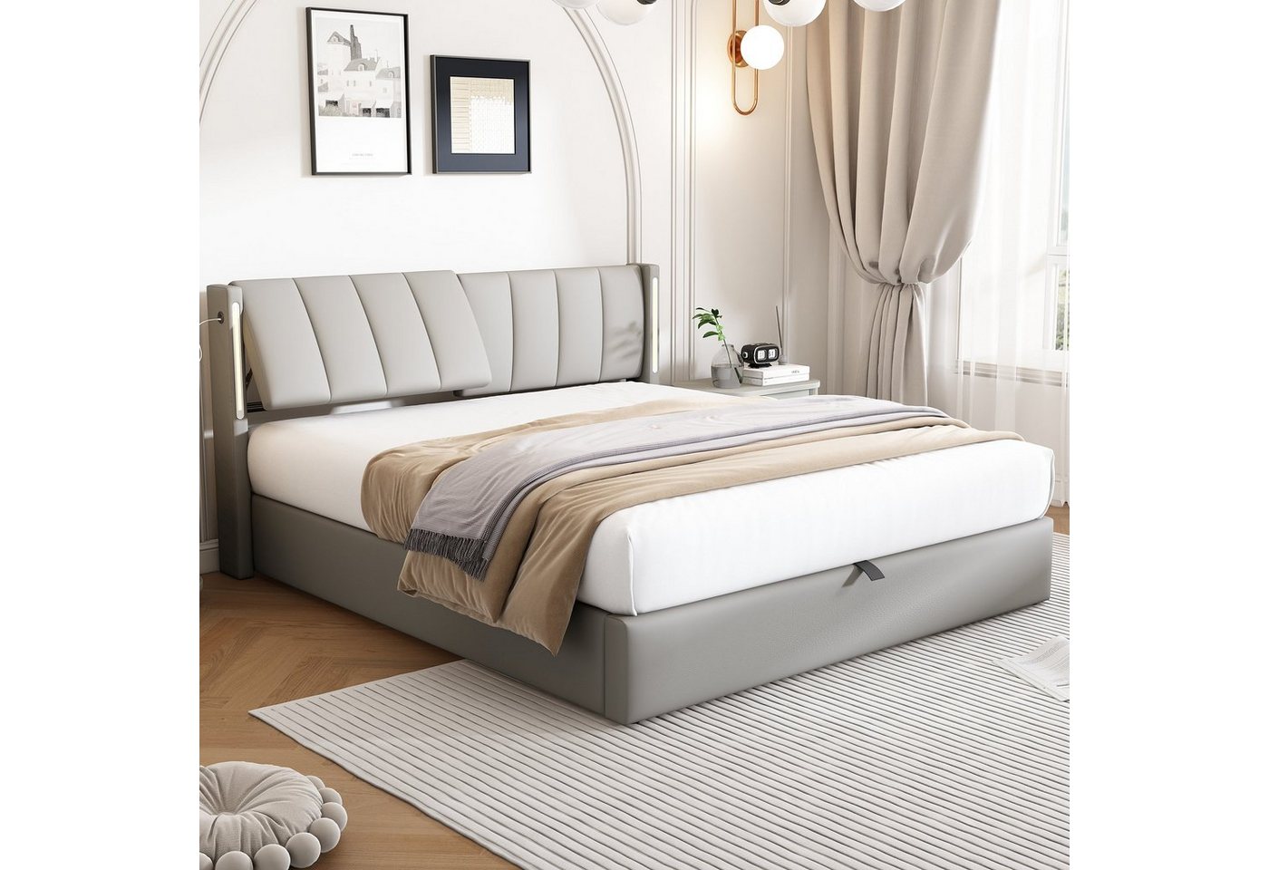 Flieks Polsterbett, LED Stauraumbett Doppelbett mit USB/ Verstellbarem Kopfteil 180x200cm – Bild 3 von 5