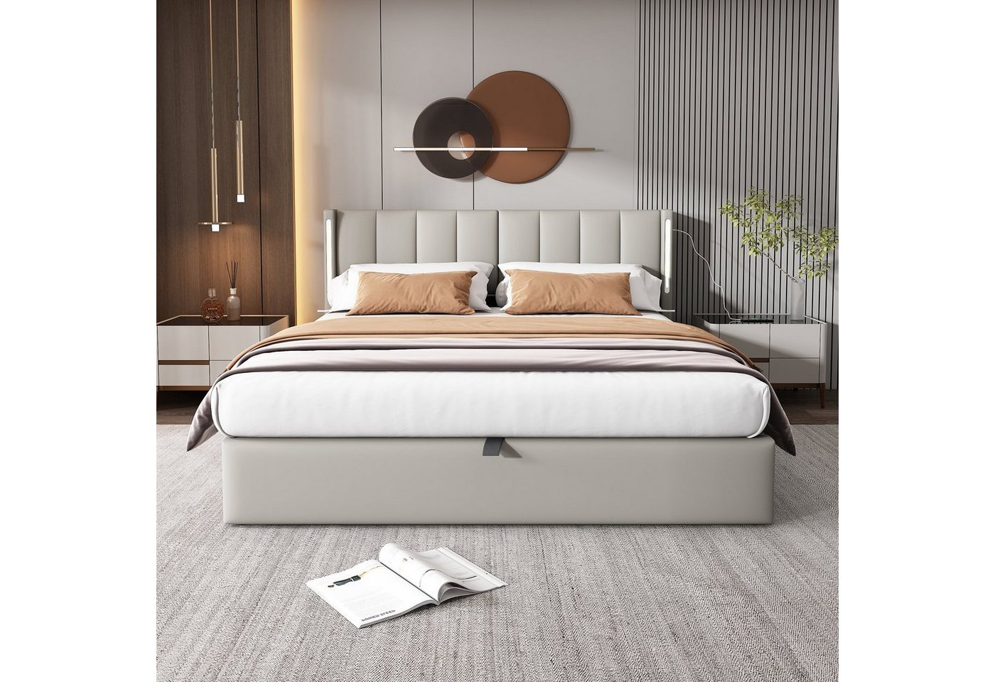 Flieks Polsterbett, LED Stauraumbett Doppelbett mit USB/ Verstellbarem Kopfteil 180x200cm – Bild 4 von 5