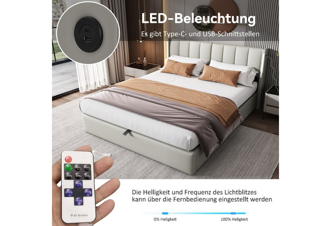 Flieks Polsterbett, LED Stauraumbett Doppelbett mit USB/ Verstellbarem Kopfteil 180x200cm – Bild 5 von 5