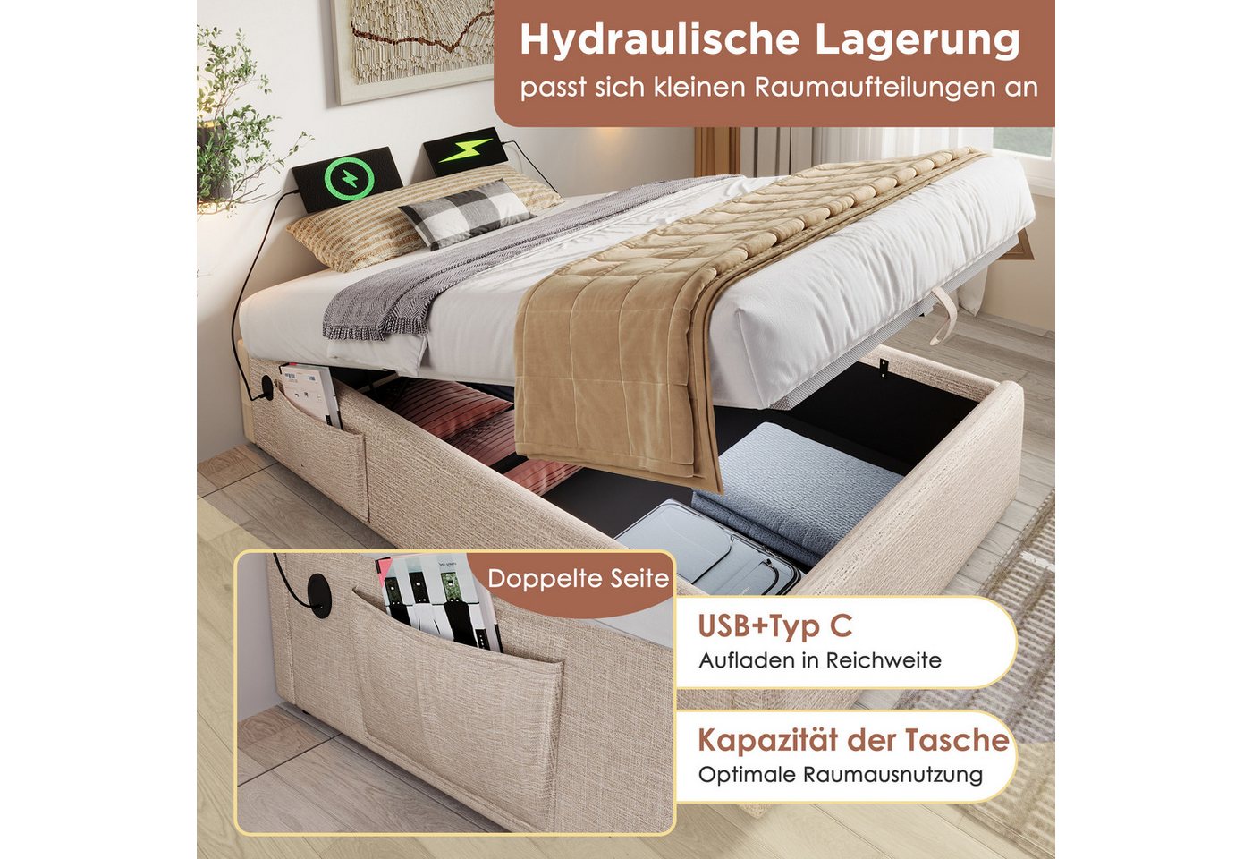 Flieks Polsterbett, Hydraulisches Einzelbett 90x190cm mit Aufladenfunktion ohne Kopfteil – Bild 5 von 5
