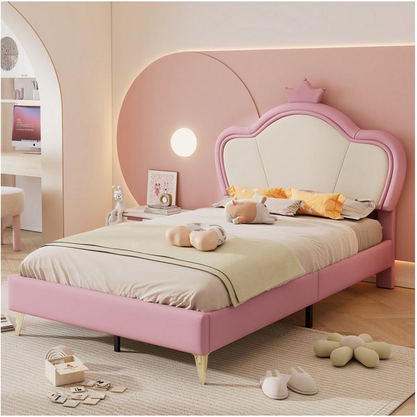Flieks Polsterbett, Kinderbett Einzelbett 90x200cm mit Wellenform-Kopfteil mit Krone