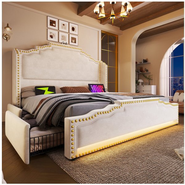 Flieks Polsterbett, Doppelbett 160x200cm mit LED-Beleuchtung 4 Schubladen und USB-Aufladen