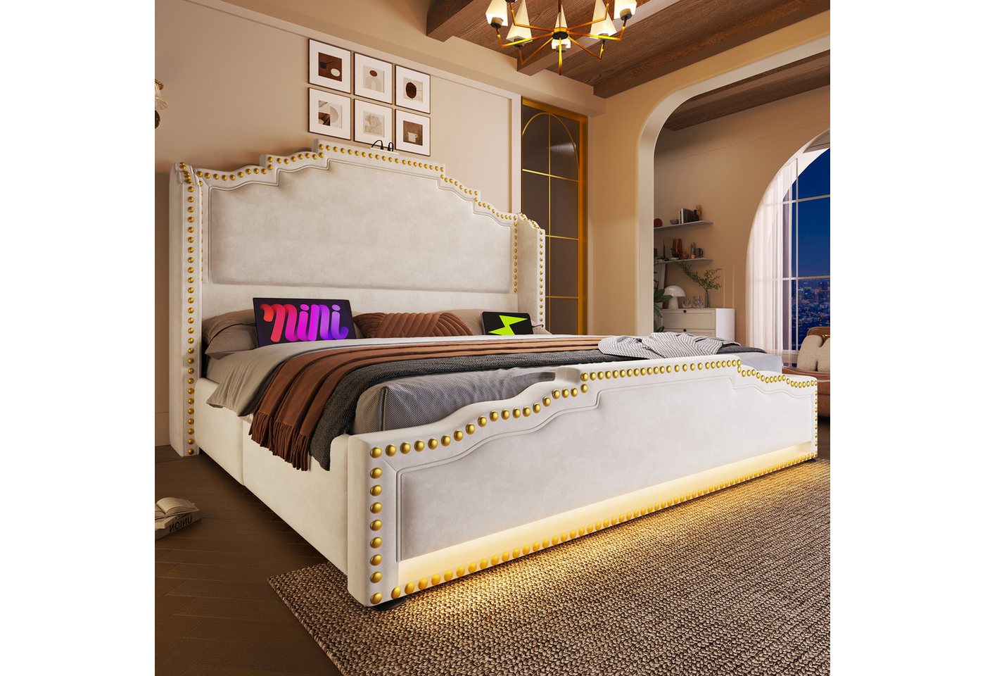 Flieks Polsterbett, Doppelbett 160x200cm mit LED-Beleuchtung 4 Schubladen und USB-Aufladen – Bild 2 von 5