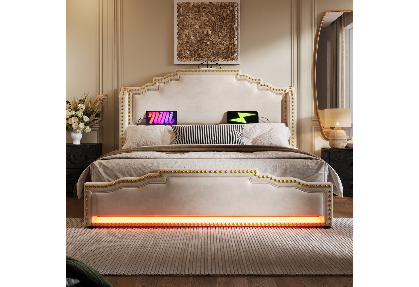 Flieks Polsterbett, Doppelbett 160x200cm mit LED-Beleuchtung 4 Schubladen und USB-Aufladen – Bild 3 von 5