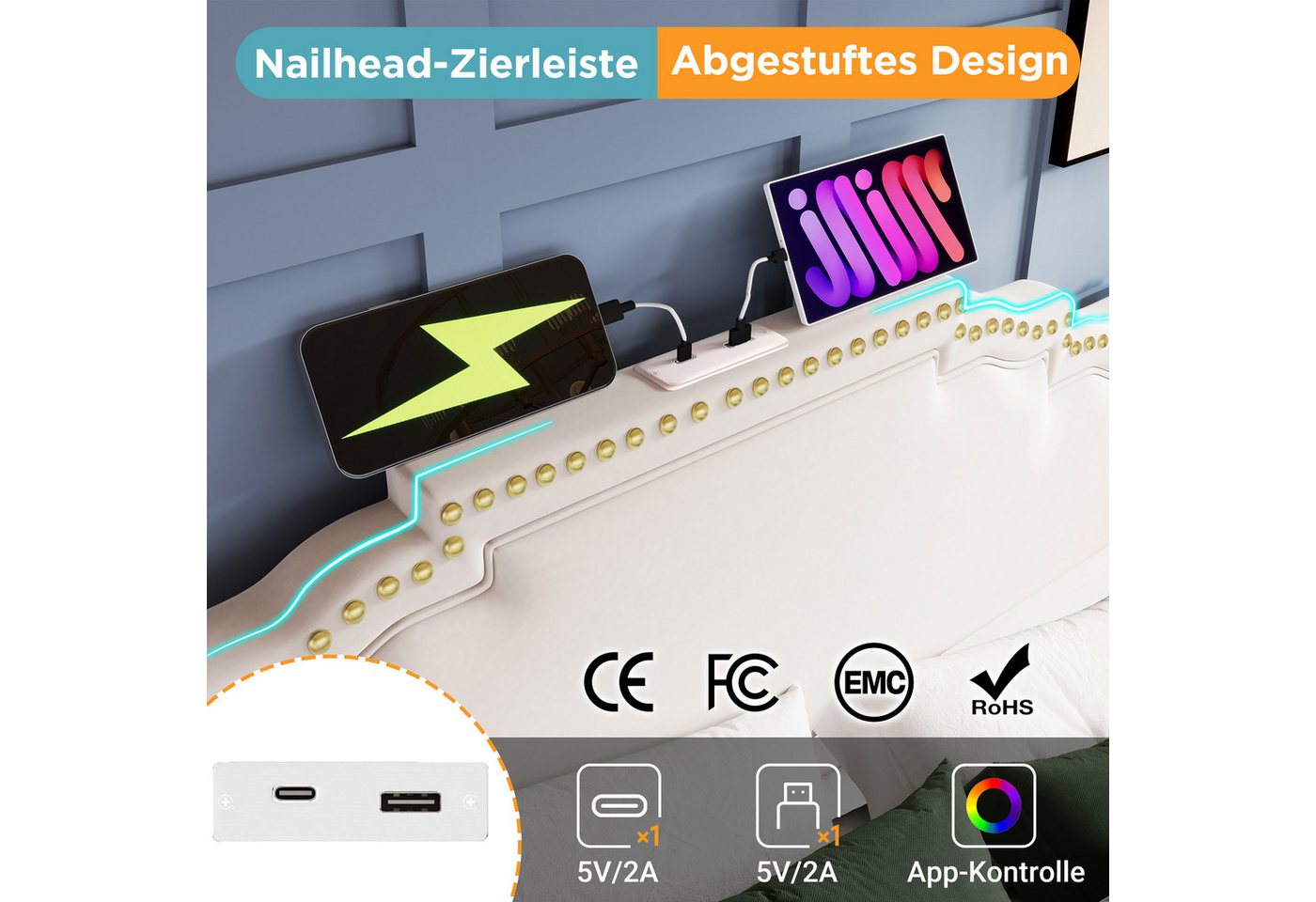 Flieks Polsterbett, Doppelbett 160x200cm mit LED-Beleuchtung 4 Schubladen und USB-Aufladen – Bild 5 von 5