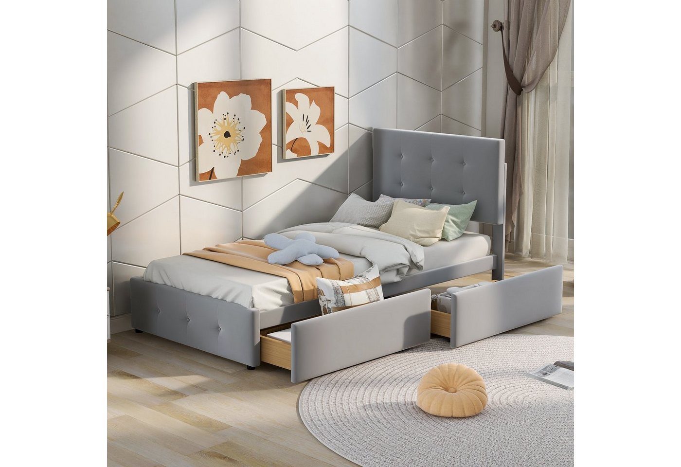 Flieks Polsterbett, Einzelbett Holzbett 2 Schubladen Samt 90x200cm – Bild 3 von 5