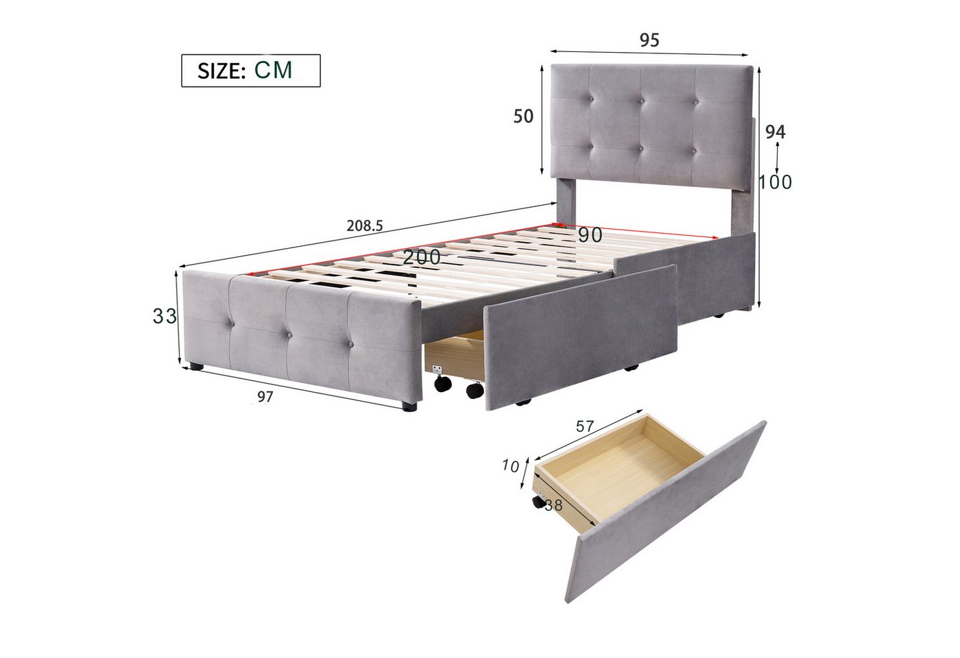 Flieks Polsterbett, Einzelbett Holzbett 2 Schubladen Samt 90x200cm – Bild 4 von 5