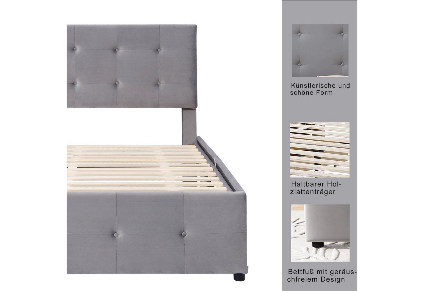 Flieks Polsterbett, Einzelbett Holzbett 2 Schubladen Samt 90x200cm – Bild 5 von 5