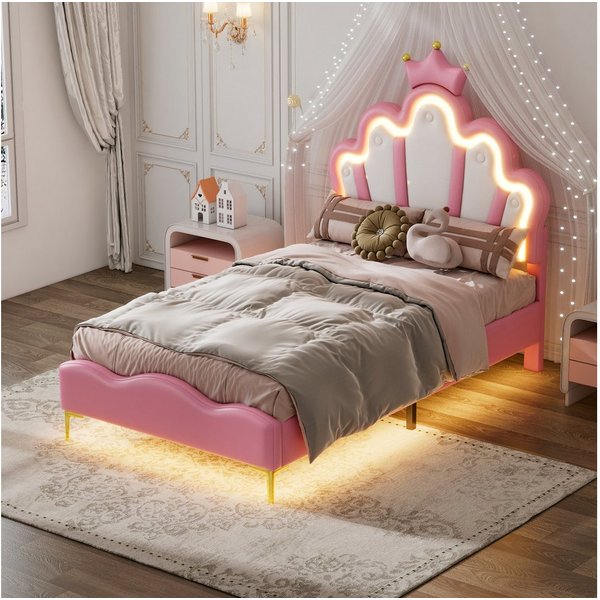 Flieks Polsterbett, LED Kinderbett Einzelbett mit krone-Form Prinzessinnenbett 90x200cm
