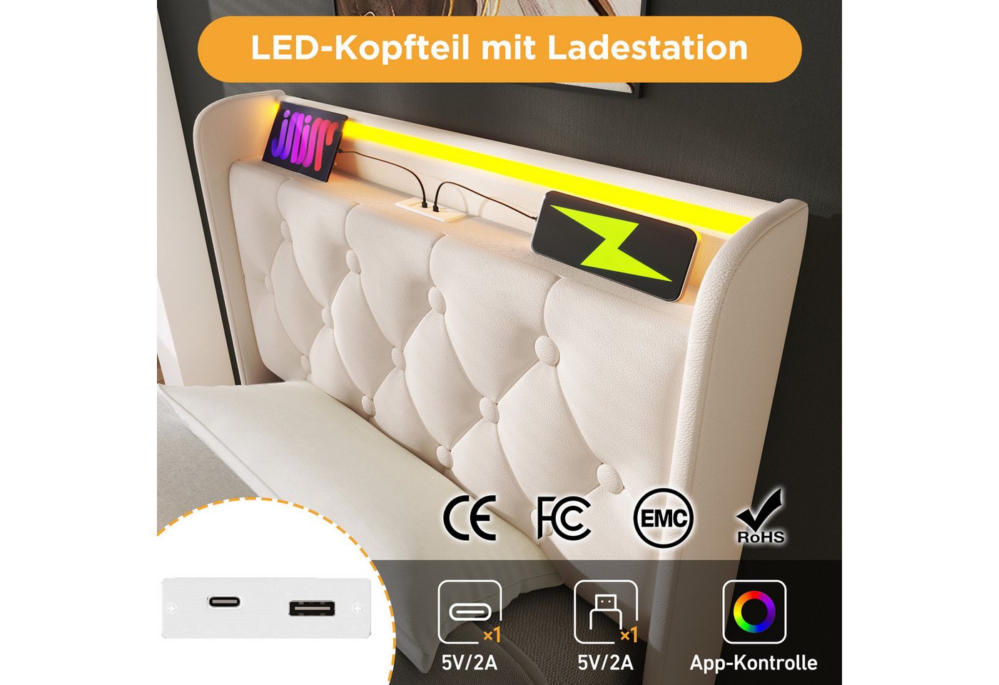 Flieks Polsterbett, LED Hydraulisches Stauraumbett Einzelbett 90x200cm mit Ladefunktion – Bild 5 von 5