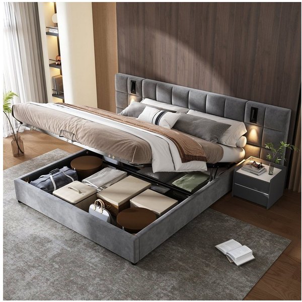 Flieks Polsterbett, Stauraumbett Leselicht & USB-Anschluss 180x200cm Samt ohne Nachttisch