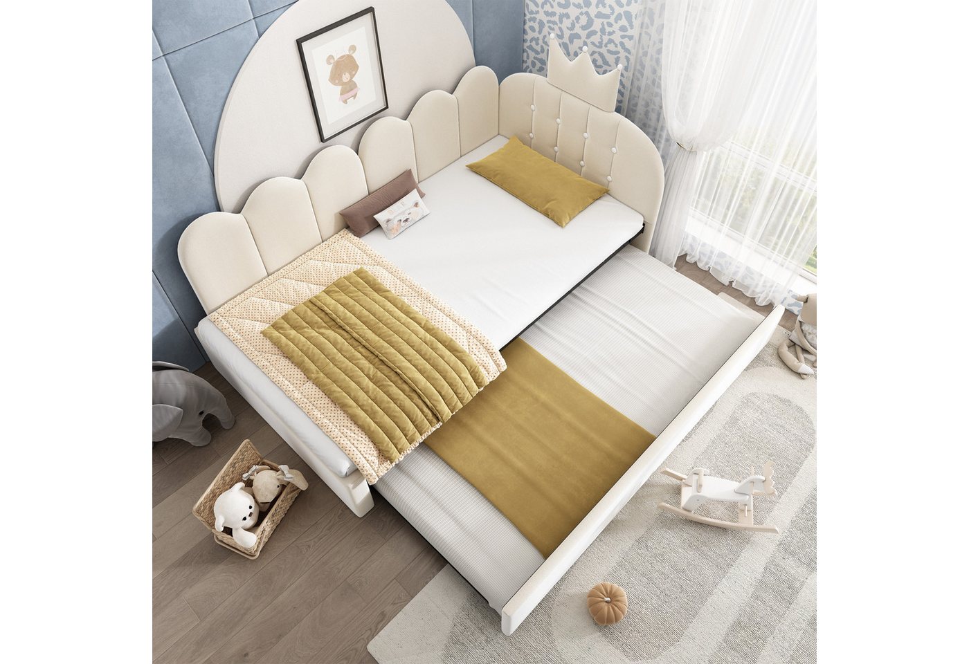 Flieks Polsterbett, Daybett L-Form 90x200cm mit Kronen-Design und Ausziehbett 90x190cm – Bild 2 von 5