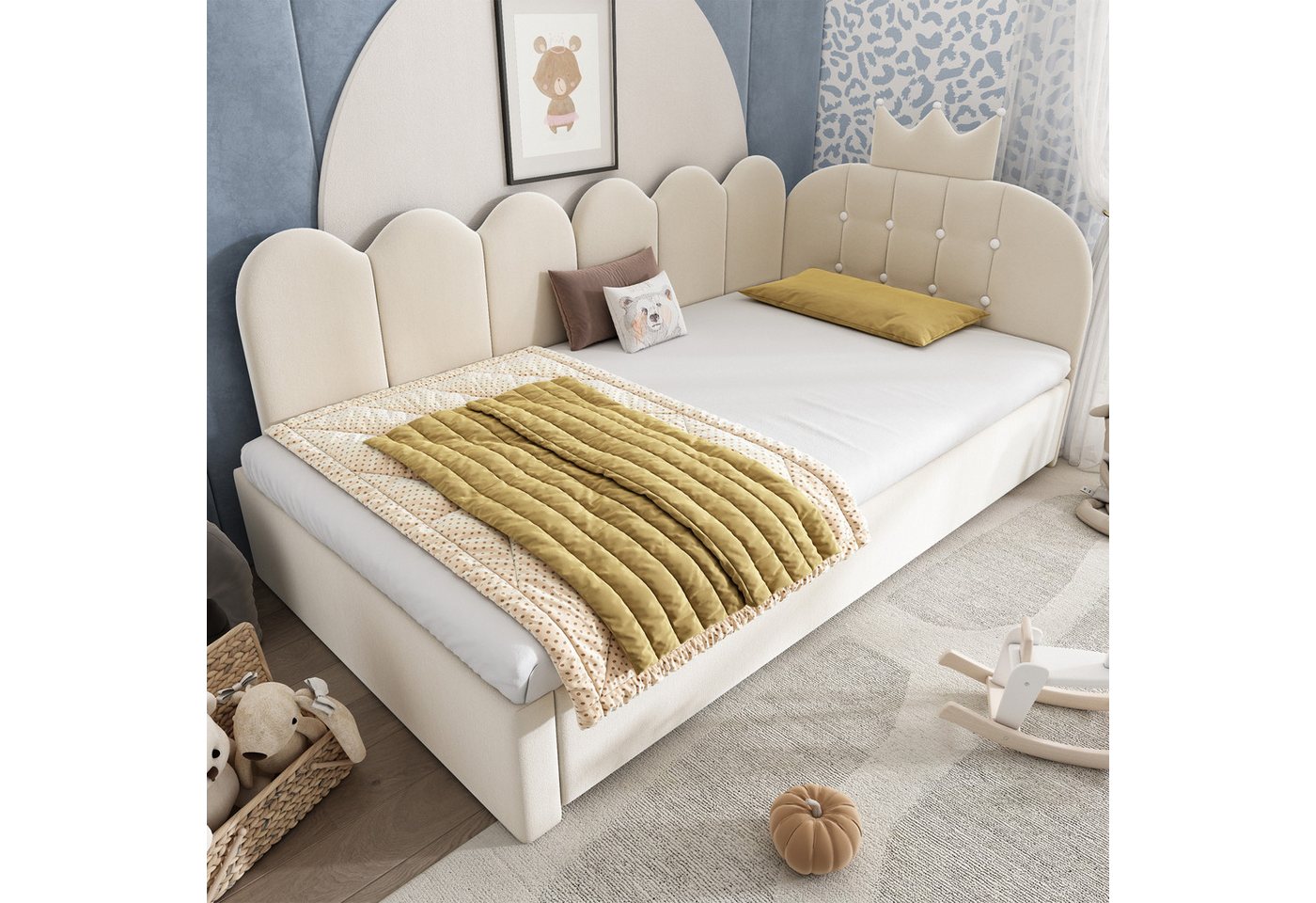 Flieks Polsterbett, Daybett L-Form 90x200cm mit Kronen-Design und Ausziehbett 90x190cm – Bild 3 von 5