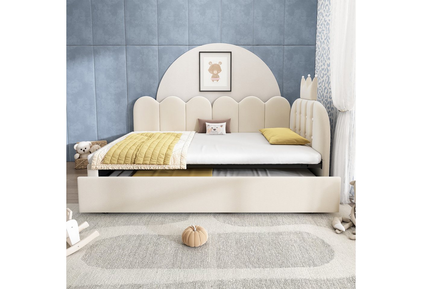 Flieks Polsterbett, Daybett L-Form 90x200cm mit Kronen-Design und Ausziehbett 90x190cm – Bild 4 von 5