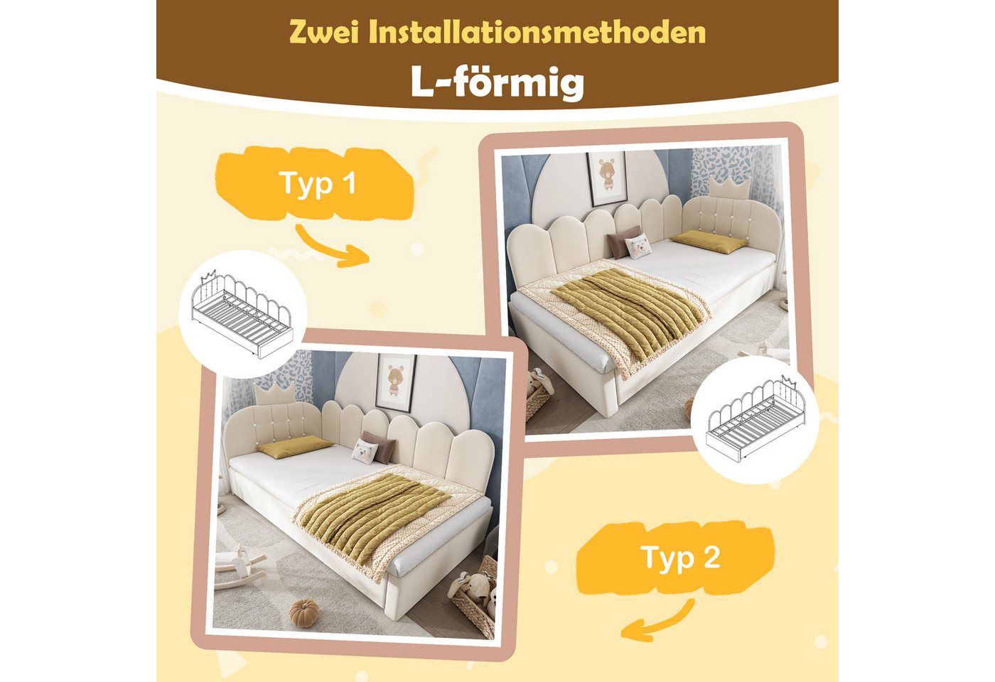 Flieks Polsterbett, Daybett L-Form 90x200cm mit Kronen-Design und Ausziehbett 90x190cm – Bild 5 von 5