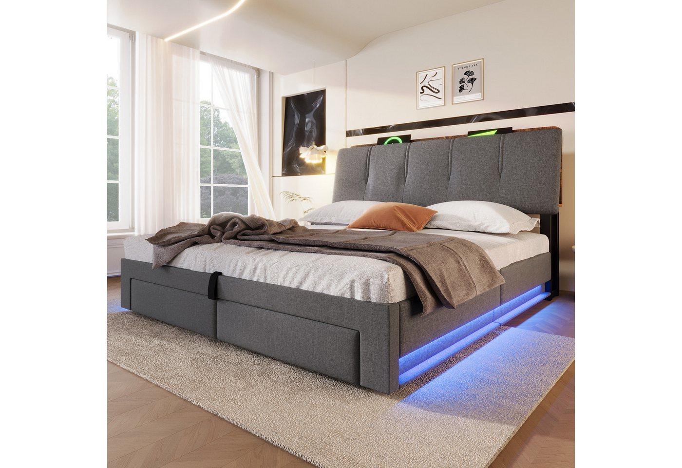 Flieks Polsterbett, Hydraulisches Stauraumbett 140x200cm mit Ladefunktion LED-Beleuchtung – Bild 2 von 5