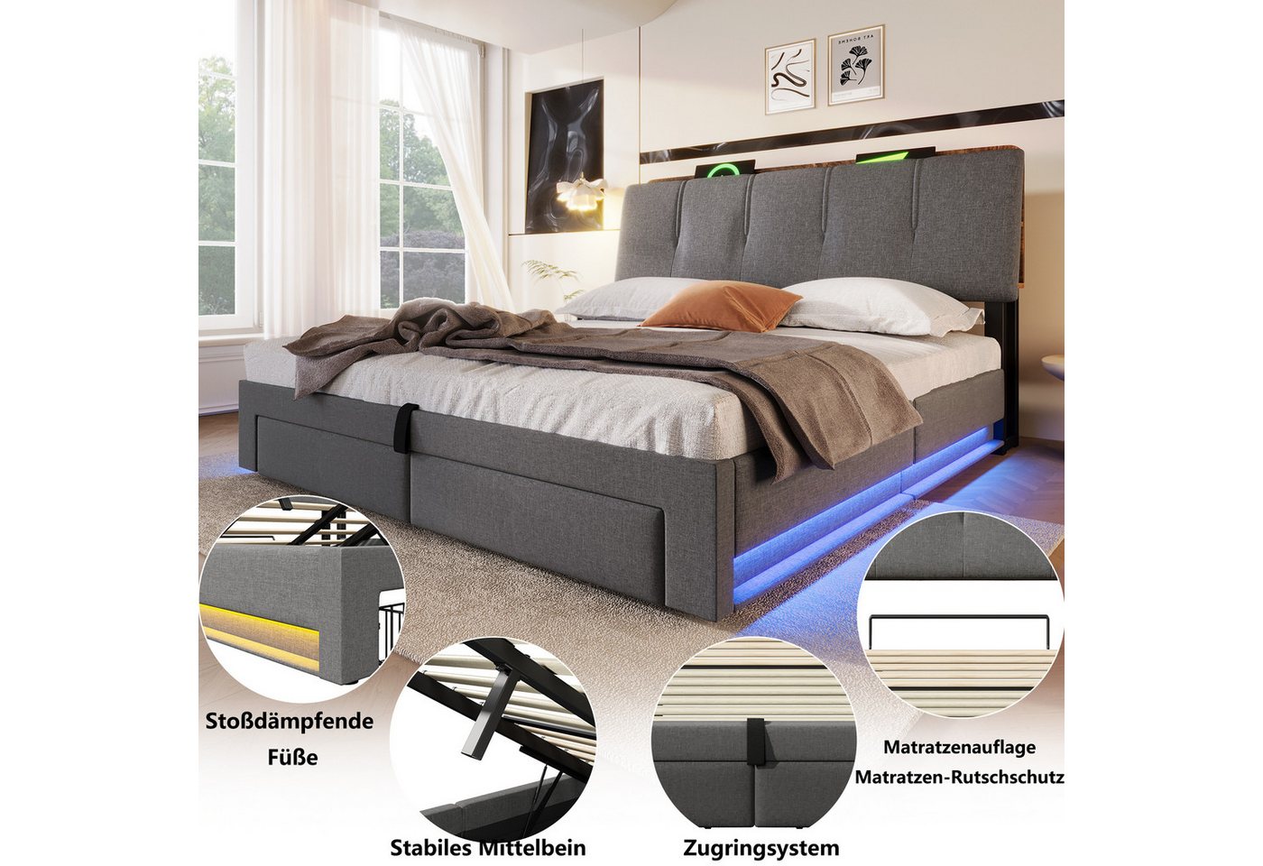 Flieks Polsterbett, Hydraulisches Stauraumbett 140x200cm mit Ladefunktion LED-Beleuchtung – Bild 5 von 5