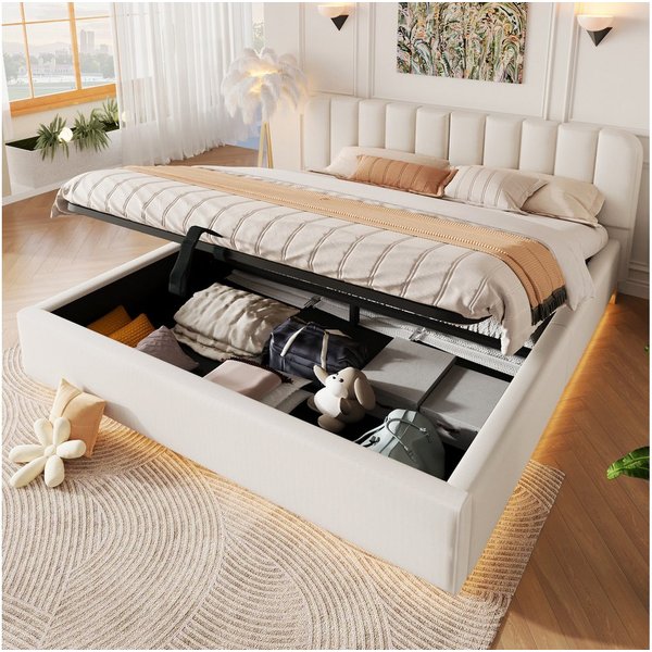 Flieks Polsterbett, Hydraulisches Stauraumbett Doppelbett 180x200cm mit LED-Lichtleiste