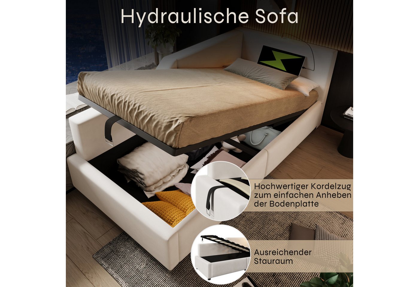 Flieks Polsterbett, Daybett 90x200cm mit hydraulischem Stauraum Leselicht Ladefunktion – Bild 5 von 5