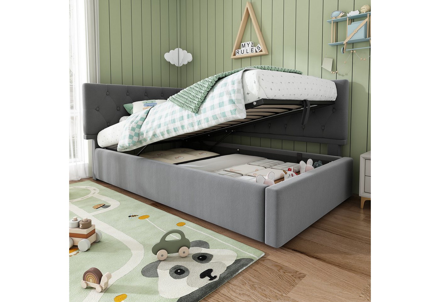 Flieks Polsterbett, Kinderbett Daybett 90x200cm Schlafsofa mit hydraulischem Stauraum – Bild 3 von 5