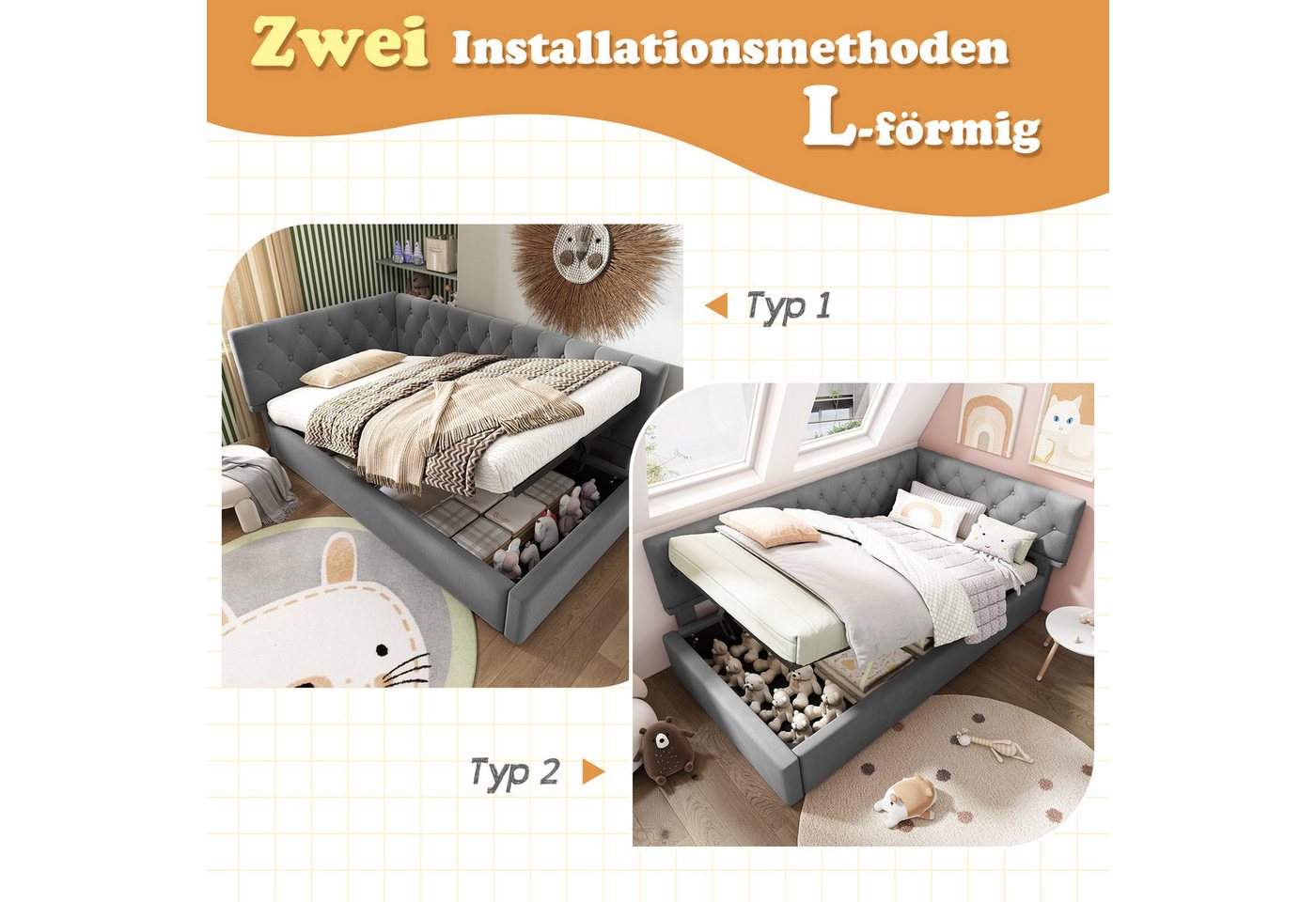 Flieks Polsterbett, Kinderbett Daybett 90x200cm Schlafsofa mit hydraulischem Stauraum – Bild 4 von 5