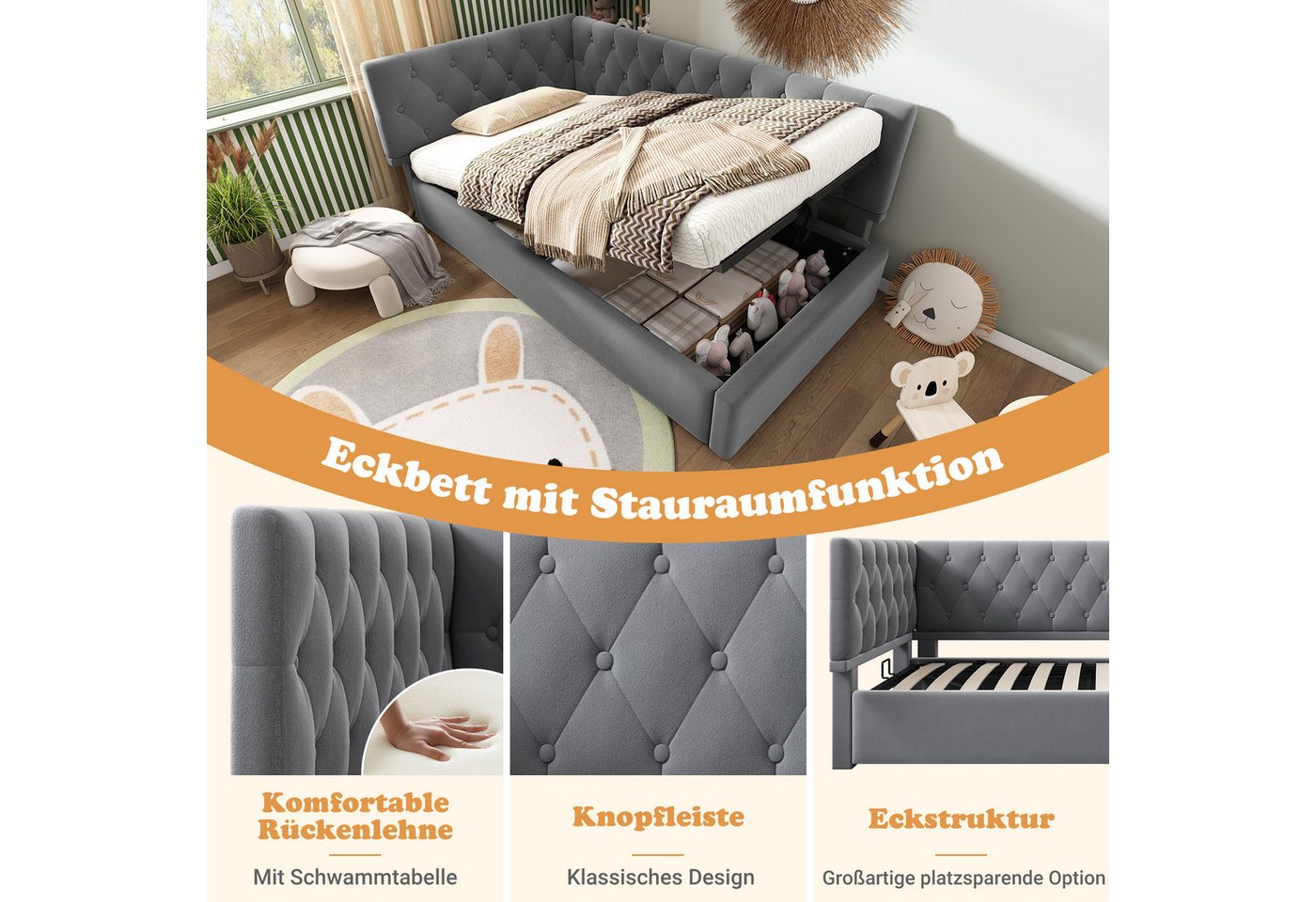 Flieks Polsterbett, Kinderbett Daybett 90x200cm Schlafsofa mit hydraulischem Stauraum – Bild 5 von 5