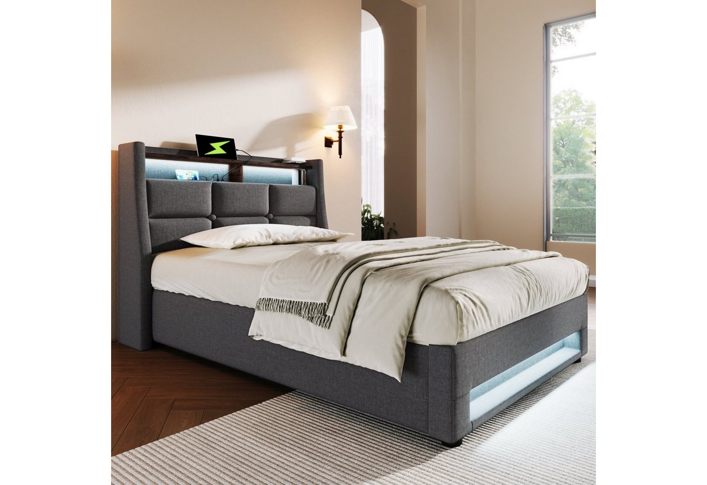 Flieks Polsterbett, Baumwolle-Leinen Bezug Stauraumbett mit USB-Anschluss und LED 90x200cm – Bild 2 von 5