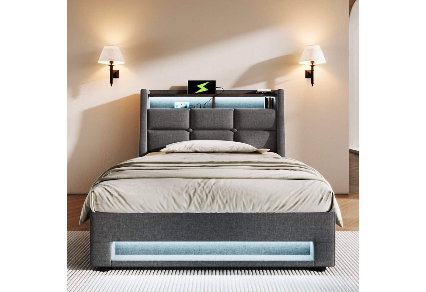 Flieks Polsterbett, Baumwolle-Leinen Bezug Stauraumbett mit USB-Anschluss und LED 90x200cm – Bild 3 von 5
