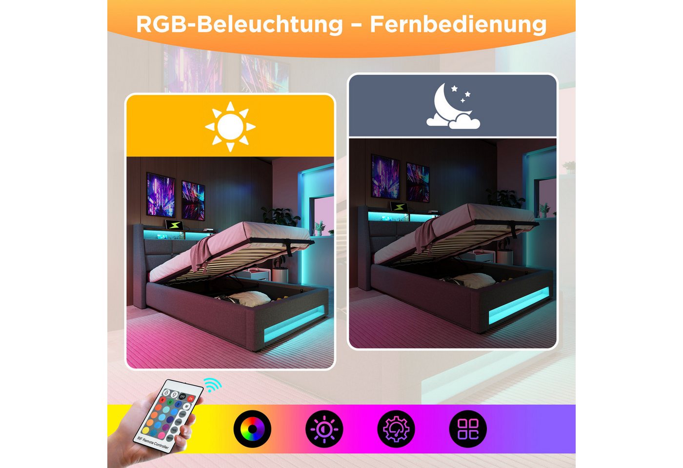 Flieks Polsterbett, Baumwolle-Leinen Bezug Stauraumbett mit USB-Anschluss und LED 90x200cm – Bild 4 von 5