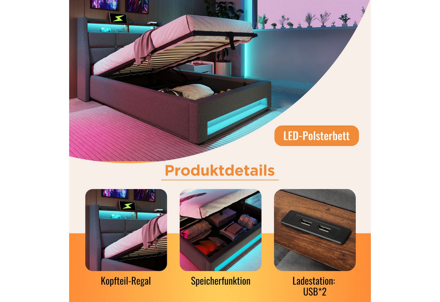 Flieks Polsterbett, Baumwolle-Leinen Bezug Stauraumbett mit USB-Anschluss und LED 90x200cm – Bild 5 von 5