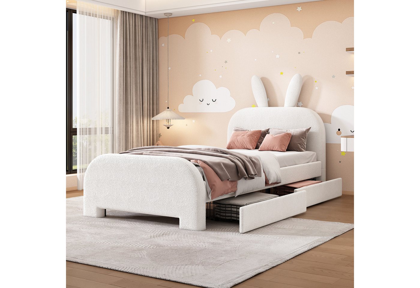 Flieks Polsterbett, Kinderbett Einzelbett 90x200cm, Kaninchenform Kopfteil, 2 Schubladen – Bild 2 von 5