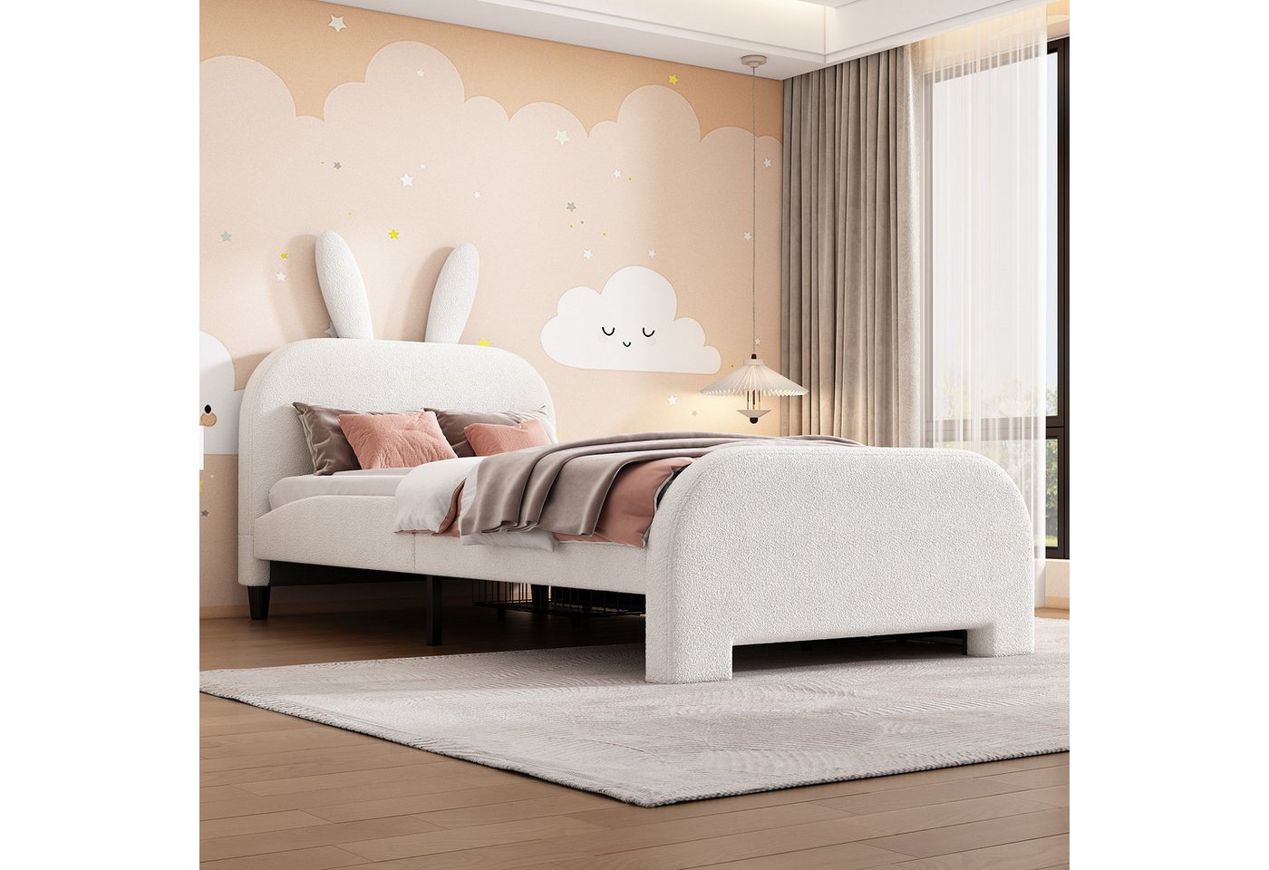 Flieks Polsterbett, Kinderbett Einzelbett 90x200cm, Kaninchenform Kopfteil, 2 Schubladen – Bild 4 von 5