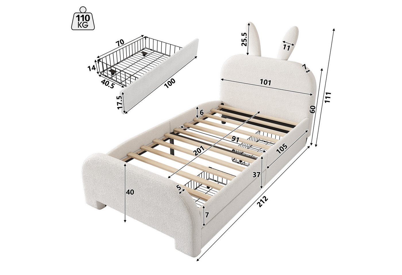 Flieks Polsterbett, Kinderbett Einzelbett 90x200cm, Kaninchenform Kopfteil, 2 Schubladen – Bild 5 von 5