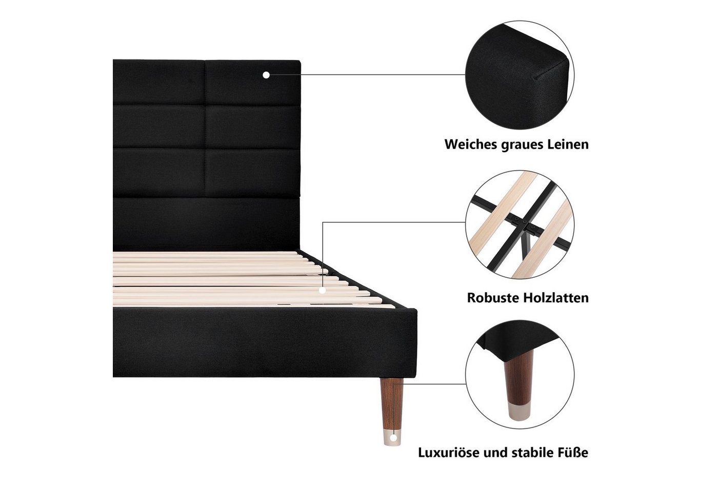 Flieks Polsterbett, Doppelbett Holzbett mit Lattenrost 140x200cm – Bild 2 von 5