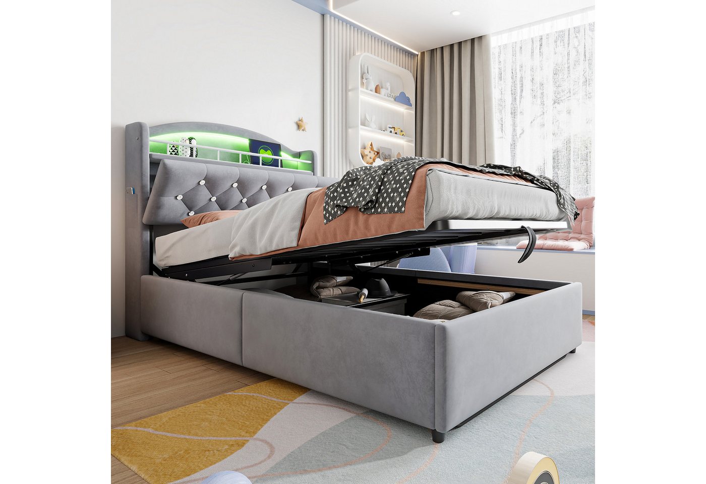 Flieks Polsterbett, Hydraulisches Kinderbett 90x200cm mit LED, Stauraum und Aufladen – Bild 2 von 5