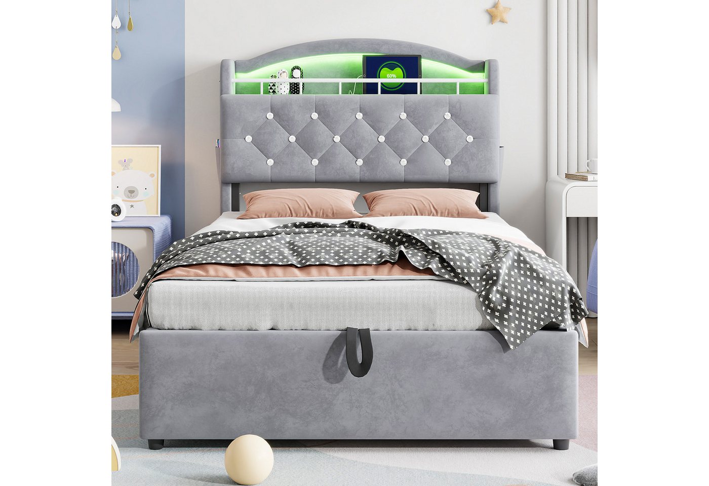 Flieks Polsterbett, Hydraulisches Kinderbett 90x200cm mit LED, Stauraum und Aufladen – Bild 4 von 5