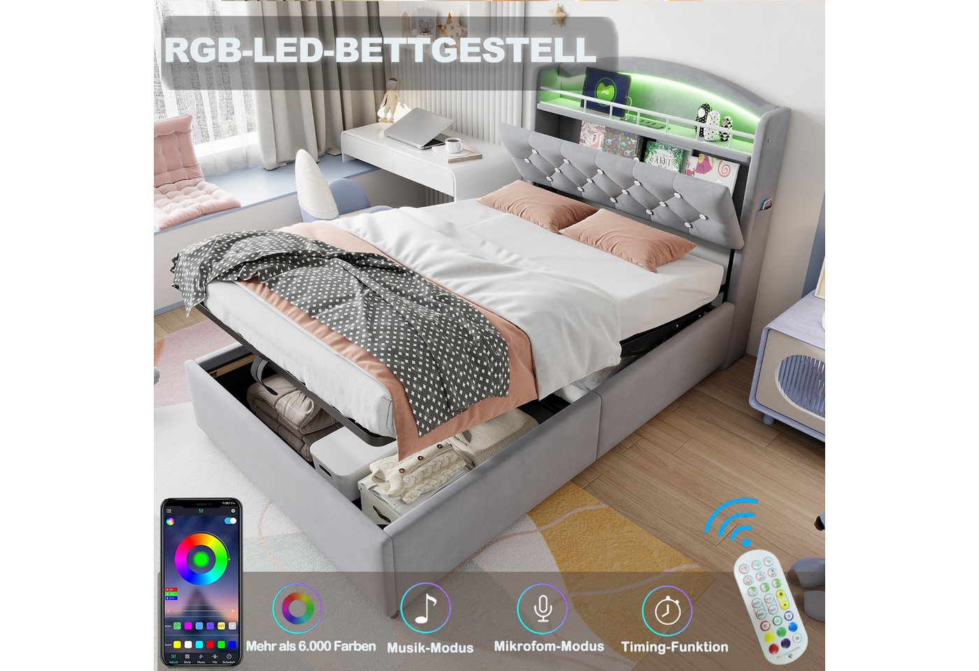 Flieks Polsterbett, Hydraulisches Kinderbett 90x200cm mit LED, Stauraum und Aufladen – Bild 5 von 5