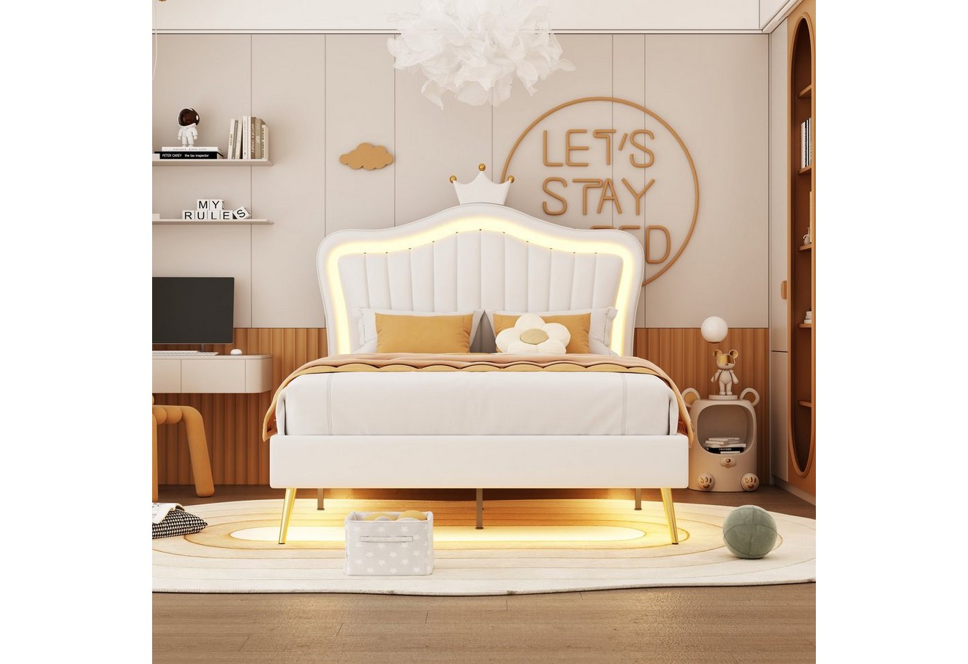 Flieks Polsterbett, LED Beleuchtung Krone Kunstleder Kinderbett 90x200cm weiß – Bild 2 von 5
