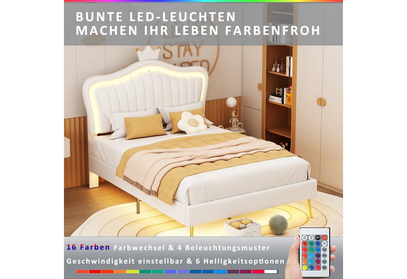 Flieks Polsterbett, LED Beleuchtung Krone Kunstleder Kinderbett 90x200cm weiß – Bild 3 von 5