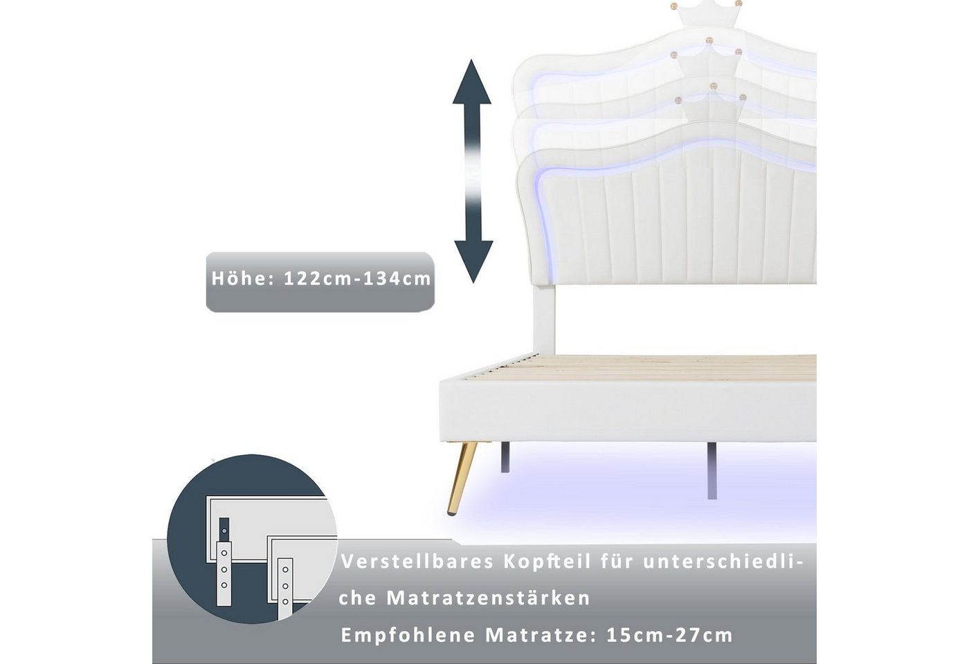 Flieks Polsterbett, LED Beleuchtung Krone Kunstleder Kinderbett 90x200cm weiß – Bild 4 von 5