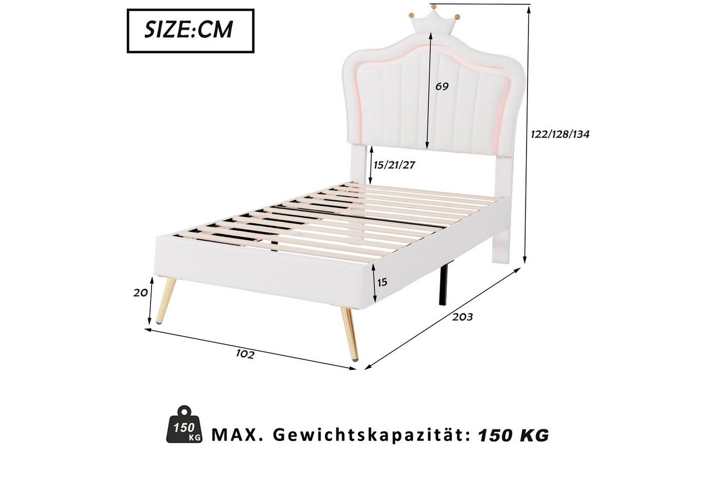 Flieks Polsterbett, LED Beleuchtung Krone Kunstleder Kinderbett 90x200cm weiß – Bild 5 von 5