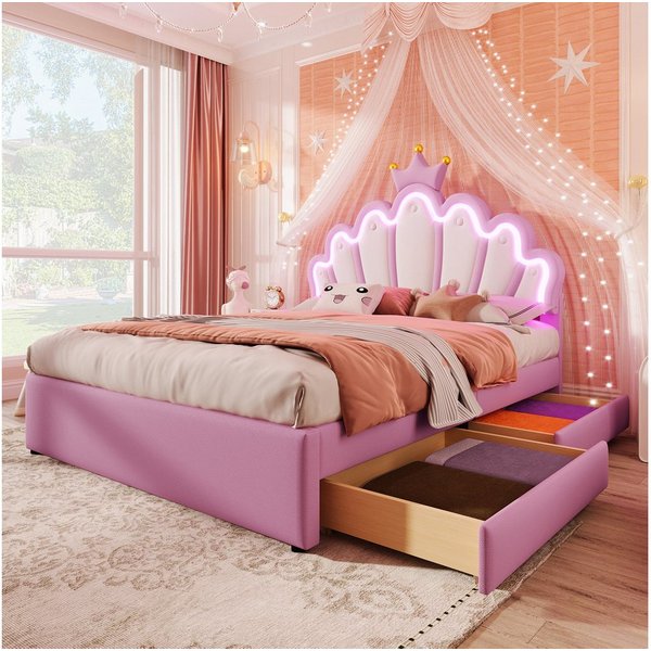 Flieks Polsterbett, LED Kinderbett mit krone-Form Prinzessinnenbett 140x200cm 2 Schubladen