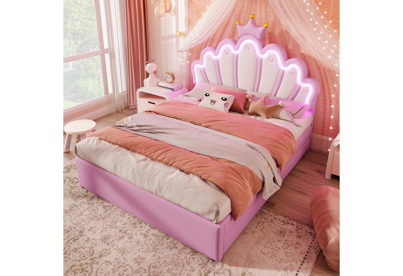 Flieks Polsterbett, LED Kinderbett mit krone-Form Prinzessinnenbett 140x200cm 2 Schubladen – Bild 2 von 5
