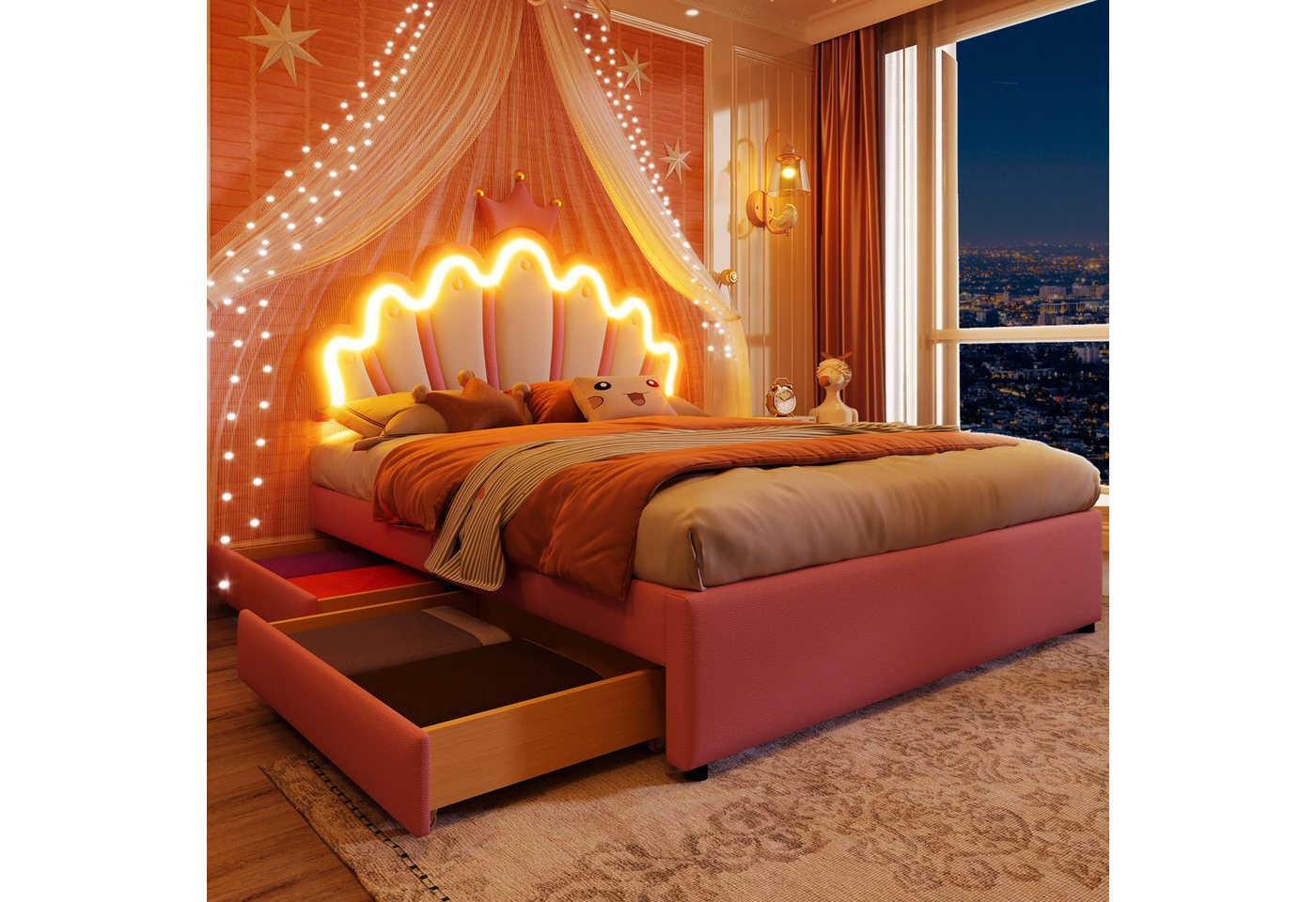 Flieks Polsterbett, LED Kinderbett mit krone-Form Prinzessinnenbett 140x200cm 2 Schubladen – Bild 3 von 5