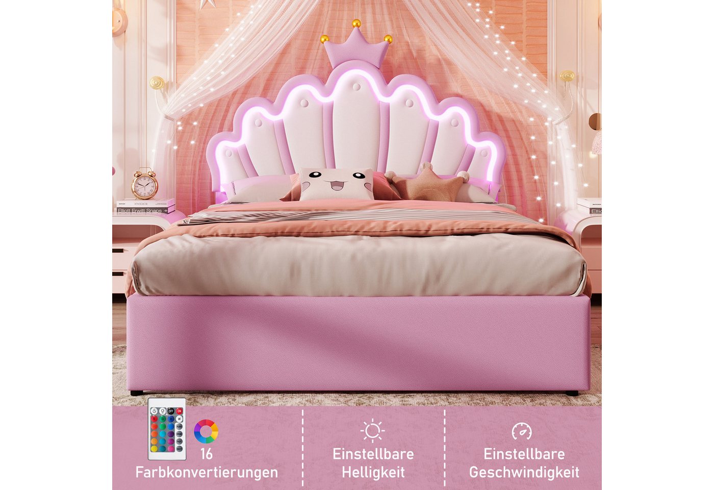 Flieks Polsterbett, LED Kinderbett mit krone-Form Prinzessinnenbett 140x200cm 2 Schubladen – Bild 4 von 5
