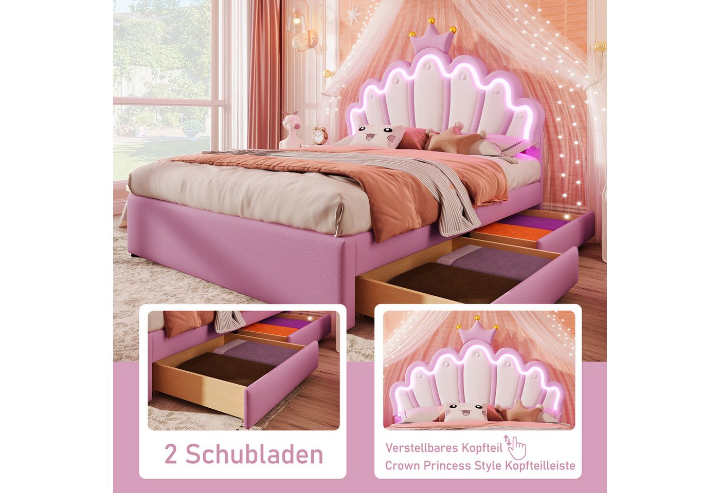 Flieks Polsterbett, LED Kinderbett mit krone-Form Prinzessinnenbett 140x200cm 2 Schubladen – Bild 5 von 5