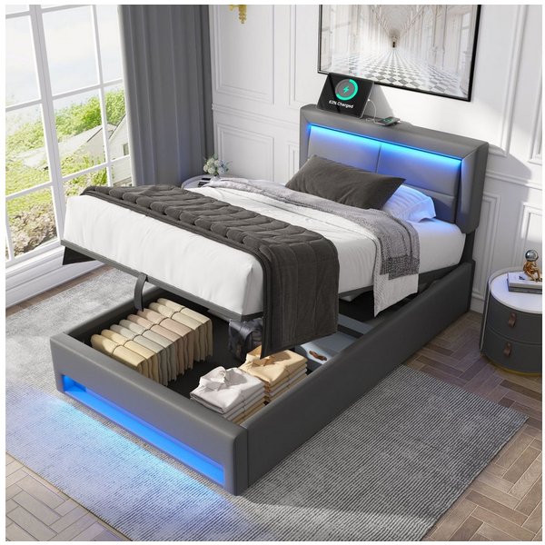 Flieks Polsterbett, LED Einzelbett 90x200cm mit USB-Anschluss und hydraulischem Stauraum