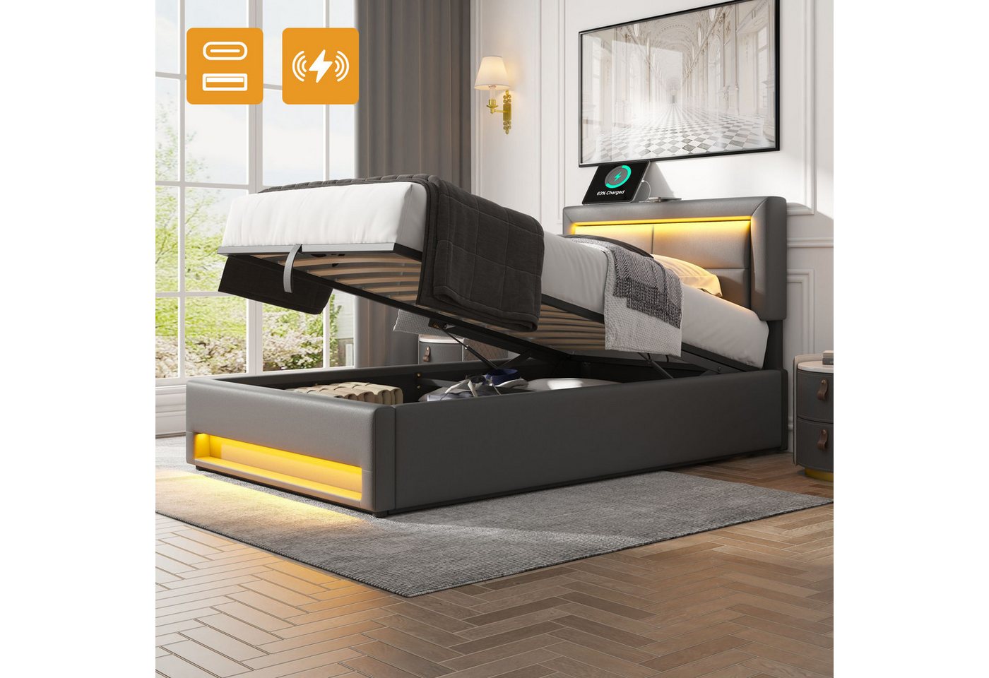 Flieks Polsterbett, LED Einzelbett 90x200cm mit USB-Anschluss und hydraulischem Stauraum – Bild 2 von 5